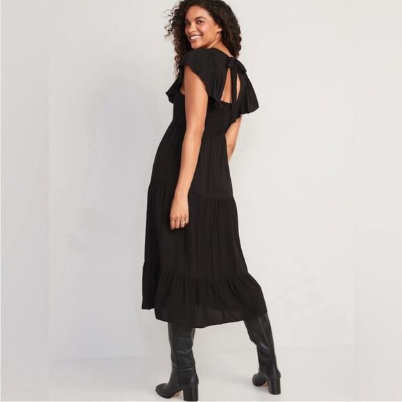 Old Navy Black Fit & Flare Flutter Sleeve Tiered Smocked Midi Dress - Picture 3 of 7